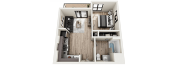A top down view of a small apartment with a living room, kitchen, and bathroom at Harbor Yard in Long Beach, CA, 90806