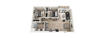 A top-down view of a modern apartment layout with a kitchen, living room, and bedrooms at Harbor Yard in Long Beach, CA, 90806