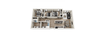 A top-down view of a modern apartment layout with a kitchen, living room, and bedrooms at Harbor Yard in Long Beach, CA, 90806