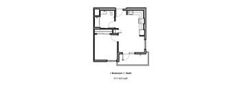 A floor plan of a one bedroom apartment with a bathroom.