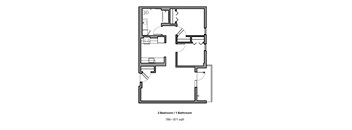A floor plan of a 2 bedroom/1 bathroom apartment sized 789-871 sqft.