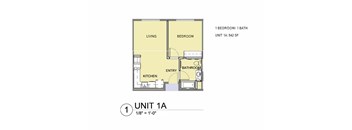 A floor plan of a one bedroom apartment.