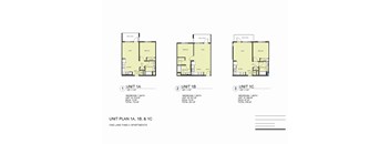 Three floor plans for units 1A, 1B, and 1C with details on bedrooms and bathrooms.