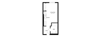 A floor plan of a small apartment with a living area, kitchen, bath, and entry.