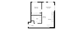 A black and white image of a floor plan for a small apartment.