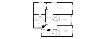 A floor plan of a home with a living/dining room, kitchen, and three bedrooms.