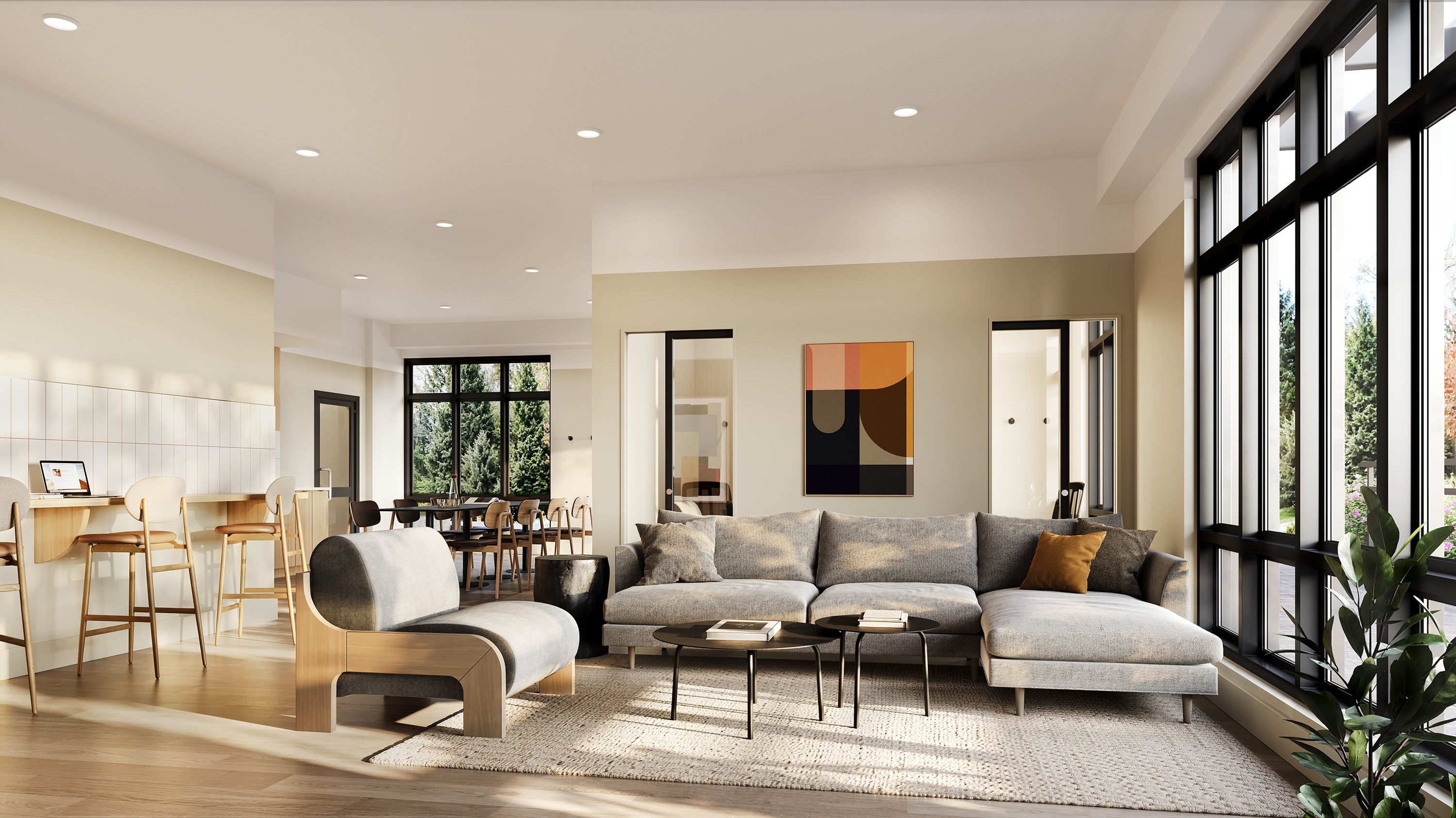 A modern living room with a grey sofa and wooden chairs.