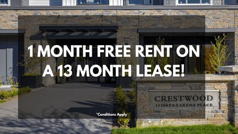 A sign for Crestwood at 11300 Pazarena Place advertises a free one-month rental on a 13-month lease.