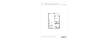 A floor plan of a one bedroom apartment with den and bathroom.