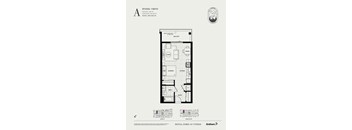A floor plan for a studio apartment with a bath and balcony.