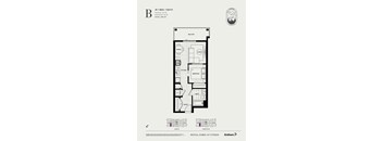 A black and white image of a floor plan for a one bedroom, one bath apartment.