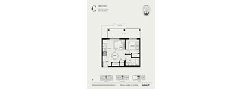 A floor plan of a 1 bedroom, 1 bathroom apartment with a balcony.