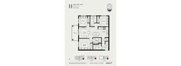 A floor plan of a 3 bedroom, 2 bathroom apartment with a kitchen and living room.