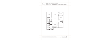 A floor plan for a residence with a living area, two bedrooms, a bathroom, and a kitchen.