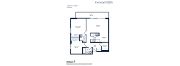 A black and white image of a floor plan for a Central on 12th apartment with 2 bedrooms and 1.5 baths.
