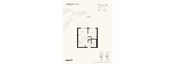 A floor plan for a 1 bedroom 1 bath apartment with a living room, dining room, kitchen, and balcony.