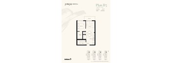 A floor plan for a rental property by JINJU/RENTAL shows a bedroom, bathroom, living room, dining room, kitchen, and balcony.