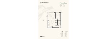 A floor plan for a rental property by JINJU/RENTAL shows a balcony, living and dining areas, and a kitchen.