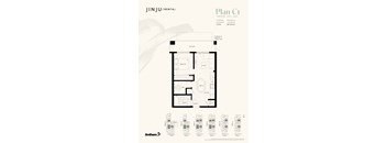A floor plan for a rental property by JINJU/RENTAL shows a layout for Plan C1 with a balcony, bedroom, living room, dining room, kitchen, bathroom, and entrance.
