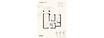 A floor plan for a rental property by JINJU/RENTAL shows a 2 bedroom, 2 bath apartment with a balcony.
