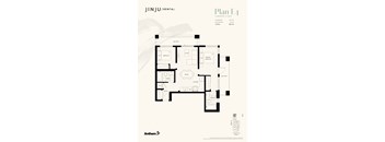 A floor plan for a rental property by JINJU/RENTAL shows a 2 bedroom, 2 bath apartment with a balcony.
