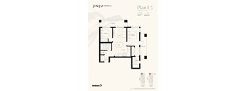 A floor plan for a rental property by JINJU/RENTAL shows a 2 bedroom, 2 bathroom apartment with a balcony.