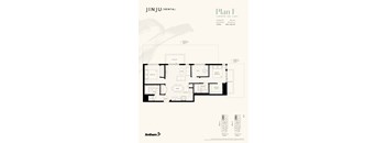 A floor plan for a rental property by JINJU/RENTAL shows a 2 bedroom, 2 bath apartment with a total area of 802 square feet.