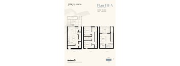 A floor plan for a rental property by JINJU/RENTAL shows three levels of rooms and measurements.