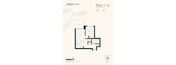 A floor plan for a one bedroom apartment with a bathroom, balcony, living room, dining room, and kitchen.
