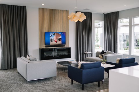 A modern living room with a fireplace and a television.