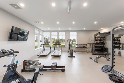 A well-lit home gym with a variety of exercise equipment.