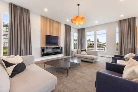 A living room with a grey sofa, a black and white pillow, a coffee table, and a television.