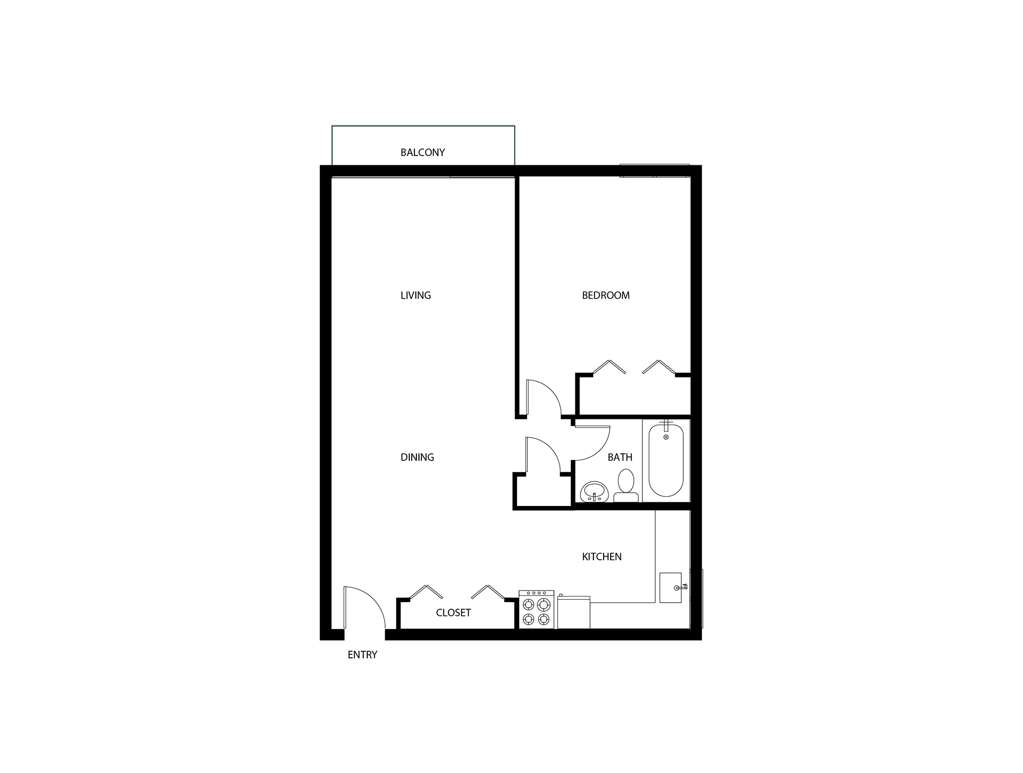 A floor plan of a house with labeled rooms such as Bedroom, Bathroom, Kitchen, Living room, Dining, and Entry.
