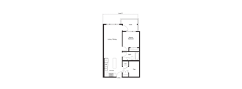 A floor plan of a house with a deck, living/dining area, kitchen, bathroom, master bedroom, and entry.