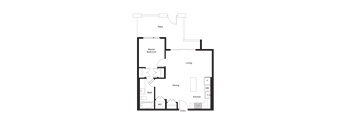 A floor plan of a house with a master bedroom, living room, dining room, kitchen, bathroom, and entry.