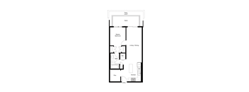 A floor plan of a house with a kitchen, living room, and bathroom.