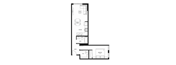 A floor plan of a house with a kitchen, living room, dining room, and two bedrooms.