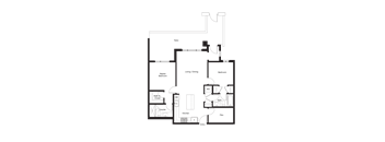 A floor plan of a house with a kitchen, living room, and two bedrooms.