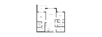 A floor plan of a house with a deck, two bedrooms, a living/dining area, a kitchen, a bathroom, a walk-in closet, and an entry.