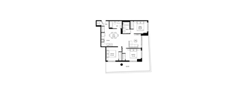 A floor plan of a house with a kitchen, living room, and two bedrooms.
