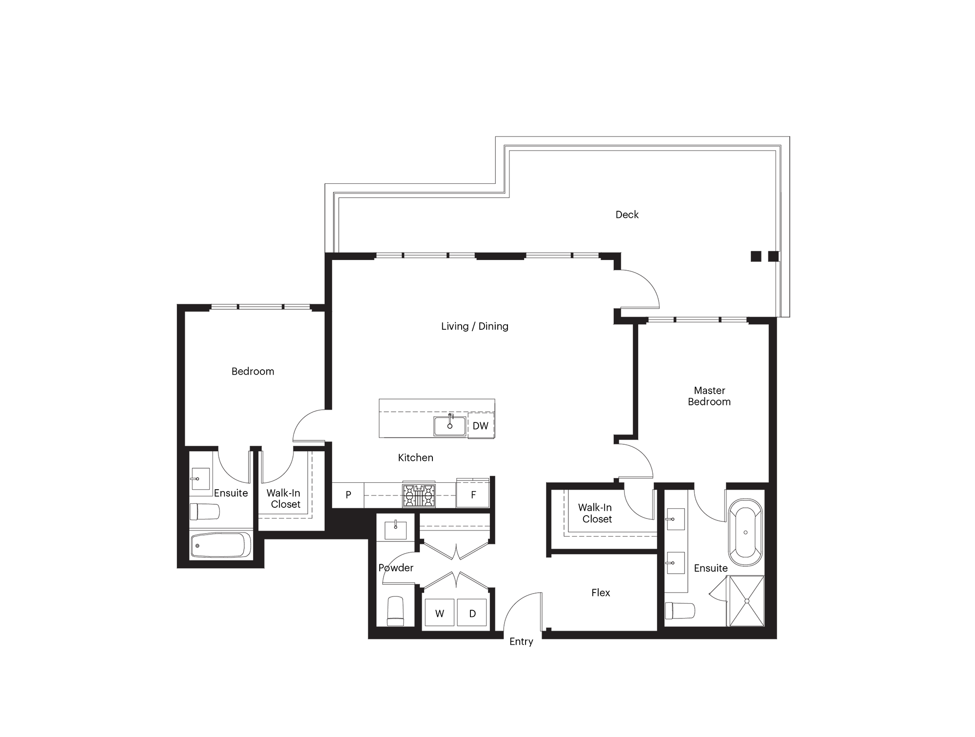 A floor plan of a house with a deck, living/dining area, kitchen, bathroom, and two bedrooms.