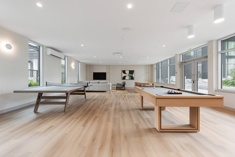 A room with a pool table and a couch.