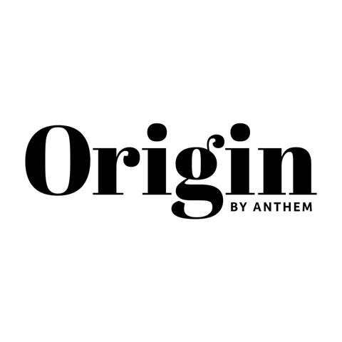 A green background with the word "Origin" in large font, followed by "by Anthem" in smaller font.