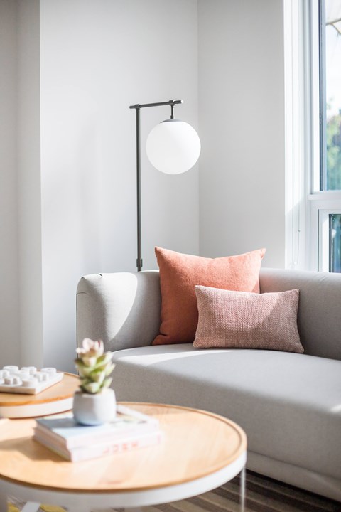 A living room with a grey couch, a small table with a plant and a book on it, and a floor lamp.