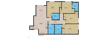 A floor plan of a house with a living room, two bedrooms, a bathroom, a kitchen, and a laundry area.