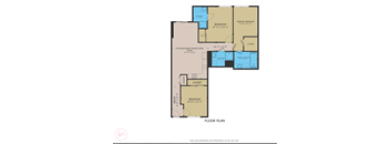 A floor plan of a house with two bedrooms, a kitchen/dining room, a laundry room, and a closet.