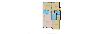 A floor plan of a house with two bedrooms, a bathroom, a kitchen/living room, and a primary bedroom.
