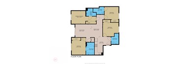 A floor plan of a house with a living room, two bedrooms, two bathrooms, and a kitchen.