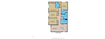A floor plan of a house with a living room, kitchen, and four bedrooms.