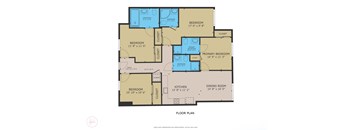 A floor plan of a house with dimensions of each room.